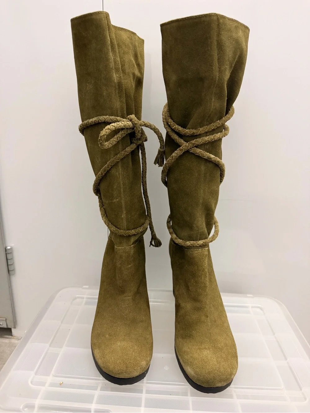 Gianni Bini Olive Suede At-the-Knee Lace-Up Boots